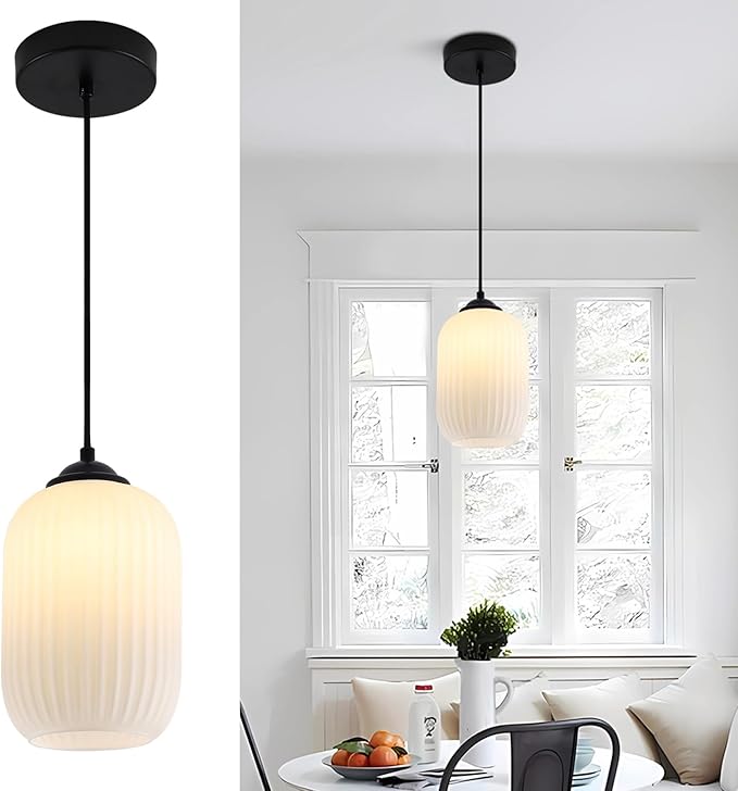 Modern Cylinder Pendant Lighting Mini Black and White Pendant Light Mid Century Ribbed Glass Flush Mount Ceiling Light Farmhouse Hanging Pendant Light Fixture