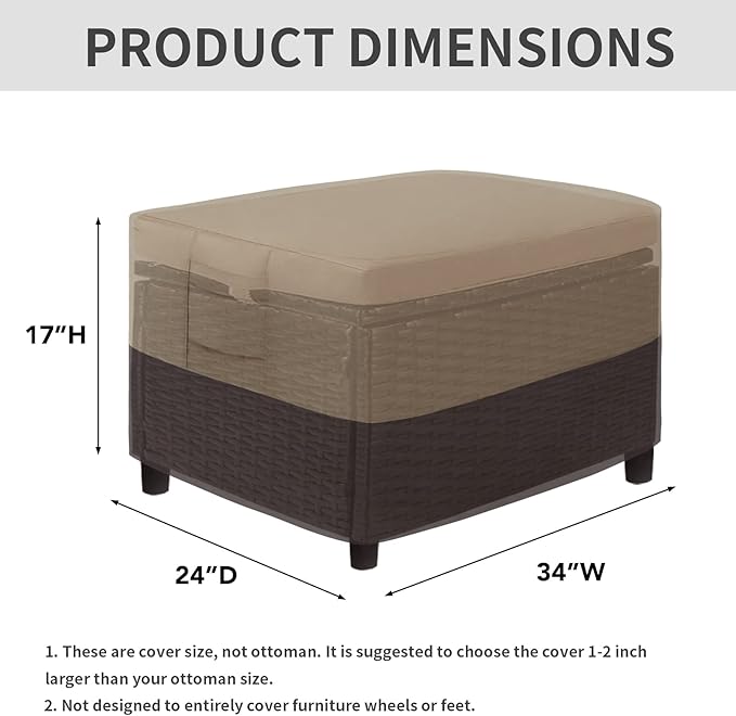 Easy-Going Outdoor Ottoman Cover, Waterproof Patio Ottoman Cover, Heavy Duty Outdoor Furniture Cover with Padded Handles (34"x24"x17", Camel/Dark Brown)