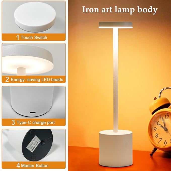 2 Pack LED Cordless Table Lamp, Portable 5000mAh Rechargeable Table Lamps, Touch Control Outdoor Table Lamp, 3 Color Dimmable Cordless Desk Lamp For Restaurant, Patio, Bedroom, Outdoor - White