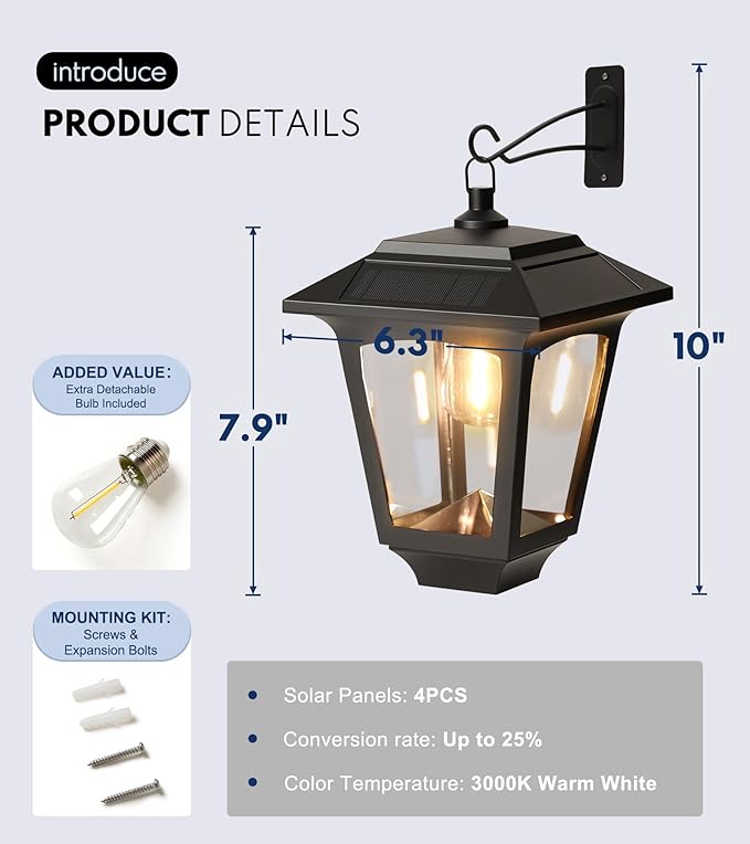 PASAMIC Solar Wall Lanterns Outdoor, 70 Lumens Hanging & Wall Mount Solar Porch Lights, IP65 Waterproof Dusk to Sconce Lights for Deck, Patio, Fence, Garage, Extra Replaceable Bulb, 2 Pack
