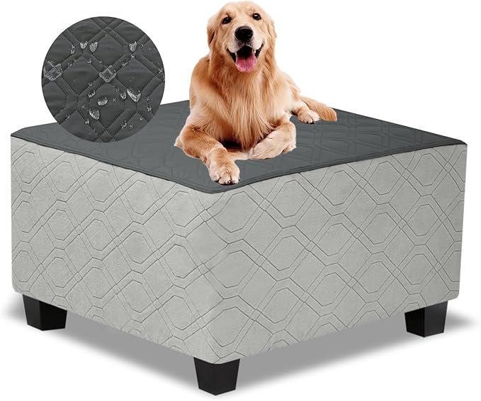 Ottoman Cover Square,Waterproof Square Ottoman Covers Thick Slipcover for Living Room,Washable Storage Footstool Furniture Protector for Dogs,Pets,Dark Grey,Large