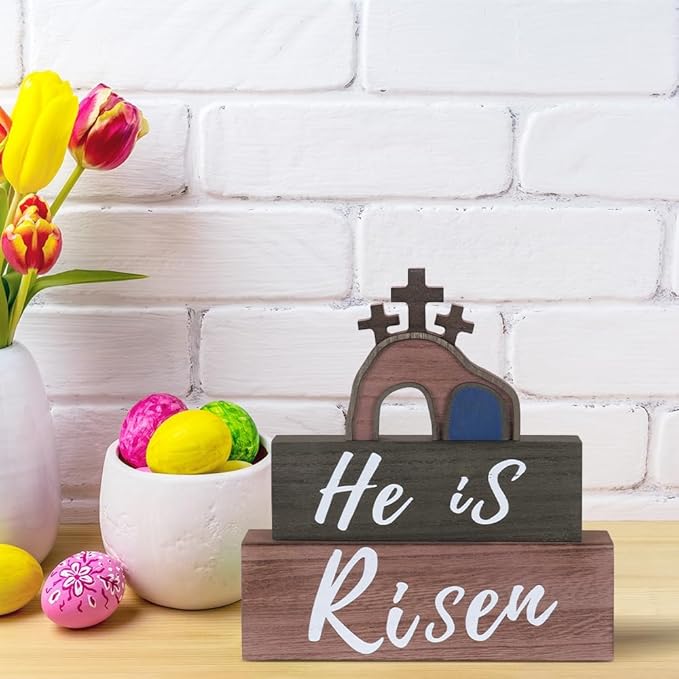 Easter Decorations, MEETYAMOR 3-Layered He is Risen Sign Cross Gifts Wood Block Easter Decor, Empty Tomb Scene Decorations Indoor for Home, Living Room, Tables, Mantel