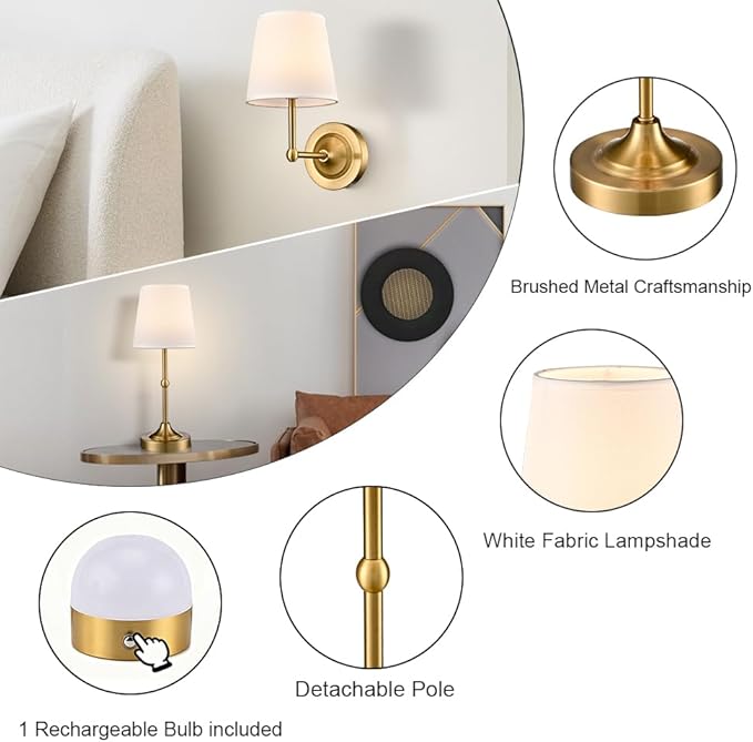 Battery Operated Table Lamp Wall Sconce Set of 2, Gold 2-in-1 Rechargeable Desk Lamp Wall Lights with Magnetic Dimmable LED Bulbs and Remote, Small Wireless Night Lamps for Bedroom Living Room