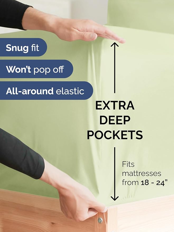 Extra Deep Split King Sheet Set - 7 Piece Breathable & Cooling Sheets - Hotel Luxury Bed Sheets Set - Easy Fit - Soft, Wrinkle Free & Comfy Sheets Set - Light Sage Sheet Set with Extra Deep Pockets