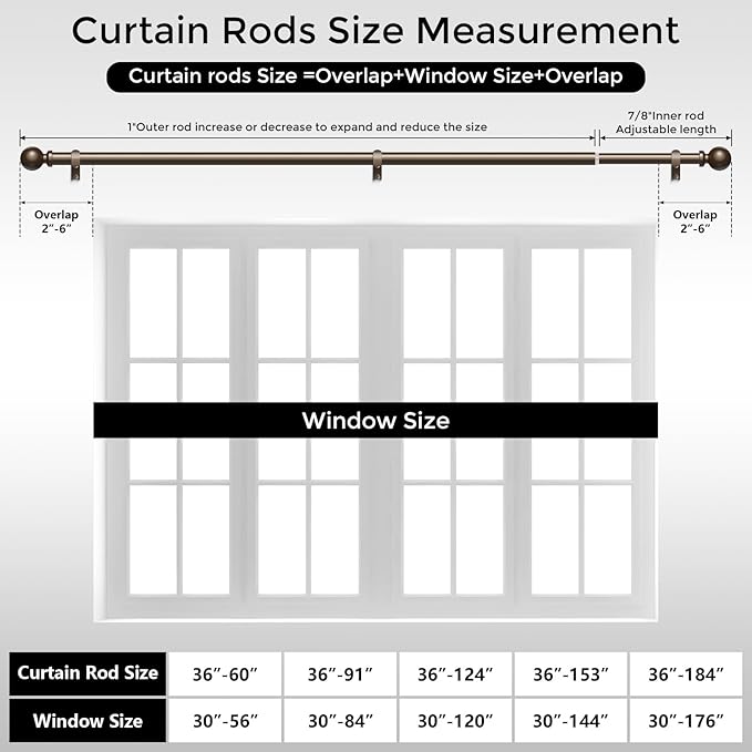 Bronze Curtain Rod, 1 Inch Adjustable Heavy Duty Curtain Rods for Windows 30 to 56 Inch, Decorative Modern Window Treatment Rods, Telescopic Splicing Metal Drapery Pole, Easy Installation