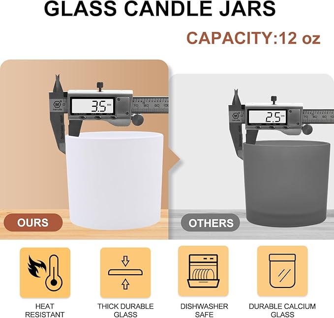 SHOWIN 12 OZ Thick Candle Jars for Making Candles 6 Pcs, Empty Jars with Wood Lids for Spice Jars, Sample Container, Matte White