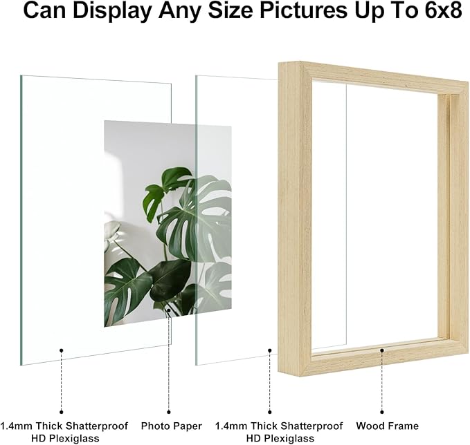 Egofine 6x8 Floating Frames Set of 2, Double Plexiglass Picture Frame, Made of Solid Wood Display Any Size Photo up to 6x8, Wall Mount or Tabletop Standing, Natural Wood