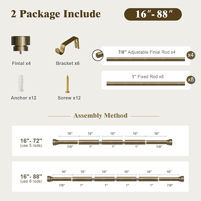 Oneach 2-Pack Antique Bronze Curtain Rods for Windows 48 to 84 Inch, 1 Inch Pole Adjustable Curtain Rod with Easy Installation and Modern Design (16 to 88 Inch)