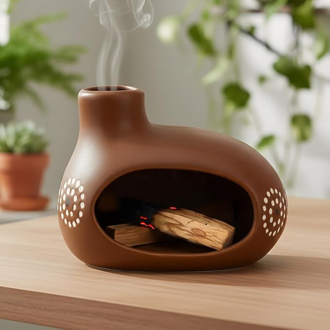 Palo Santo Sticks Holder, Handmade Ceramic Palo Santo Holder Burner for Burning Cone or Resin Incense, Smudge Sticks and Tealight, Chiminea Incense Holder for Meditation, Cleansing Negative Energy