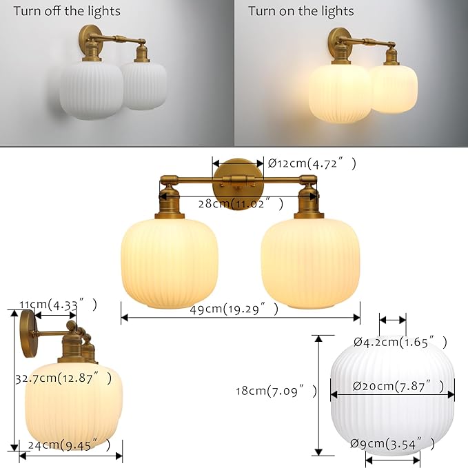 Pathson 2 Lights Milk White Globe Wall Sconce, Hardwired Antique Double Sconce for Living Room Home Decor, Striped Glass Bathroom Vanity Light, E26 Bulb Base