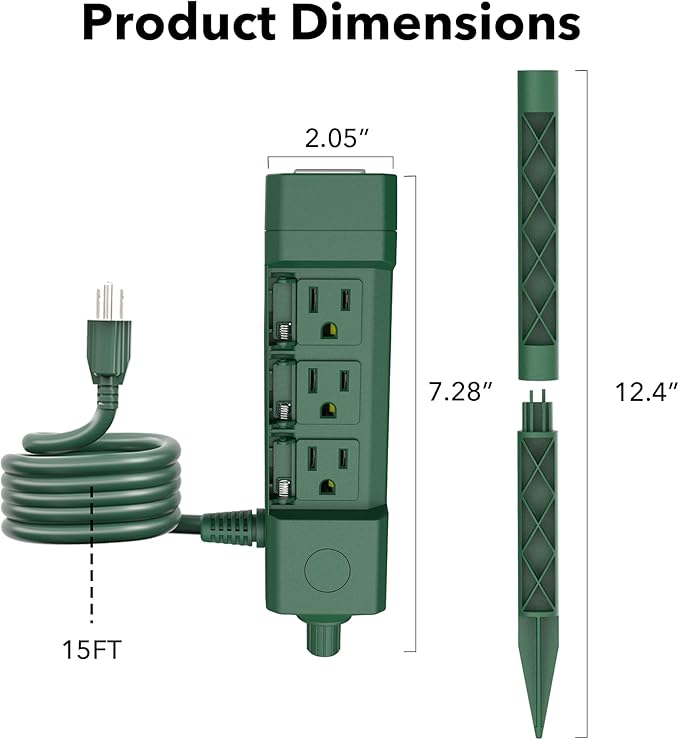 BN-LINK 15ft Outdoor Extension Cord Waterproof with Power Stake, 6-Outlet Power Strip Weatherproof, 14/3 SJTW Heavy Duty Power Cord for Outdoor String Lights and Christmas Decorations, ETL