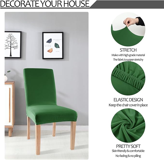 Obstal Stretch Spandex Dining Room Chair Covers ?Set of 4 Universal Removable Washable Chair Seat Slipcovers Protector for Kitchen, Ceremony, Wedding, Banquet, Hotel and Party (Dark Green)
