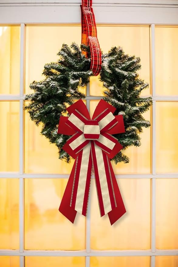 Hying Large Christmas Bows for Wreath, Christmas Wreath Bow Glitter Gold Red Velvet Bow Winter Xmas Tree Bows Ornaments for Front Door New Year Christmas Party Decoration Supplies