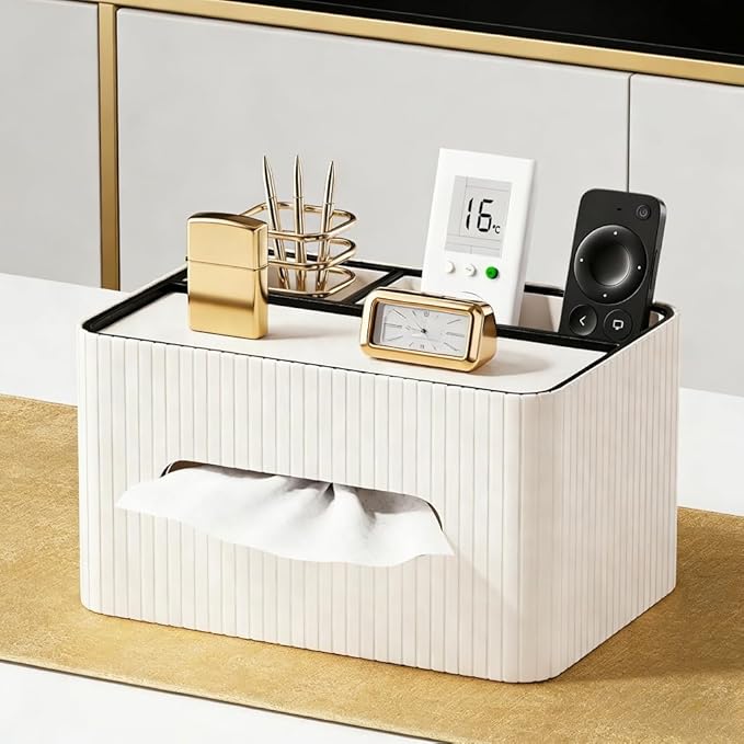KINGFOM Leather Tissue Box Cover with Storage Tray, Decorative Tissue Box Holder Organizer for Office Desk, Bedroom & Nightstand, Remote Control Holder for Perfume, Watch, Glasses, Pens (Ivory White)