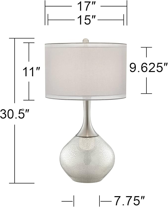 Possini Euro Design Swift Modern Table Lamp 30 1/2" Tall Mercury Glass Chrome Metal Neck Twin Double Drum Shade Decor for Bedroom Living Room House Bedside Nightstand Home Office Entryway Family