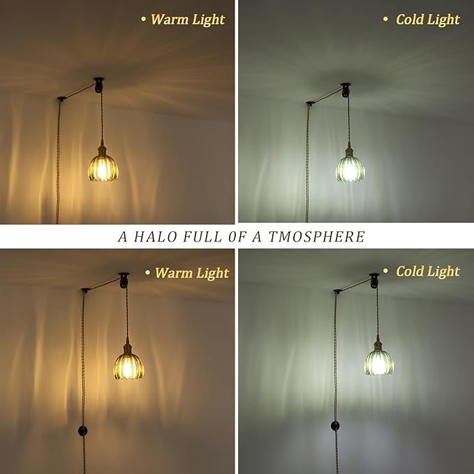 Plug in Pendant Light Hanging Light Fixture Corded On/Off Switch Brass Pendant Light with Green Tulip Glass Lampshade for Bedroom Living Room Kitchen Island