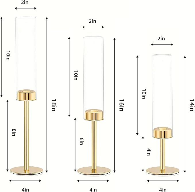 PHOSPHOR Gold Hurricane Candle Holder 6-Piece Tall Glass Candle Holder with Gold Metal Frame for Table Centerpieces, Weddings, Christmas, Parties, Home Decor