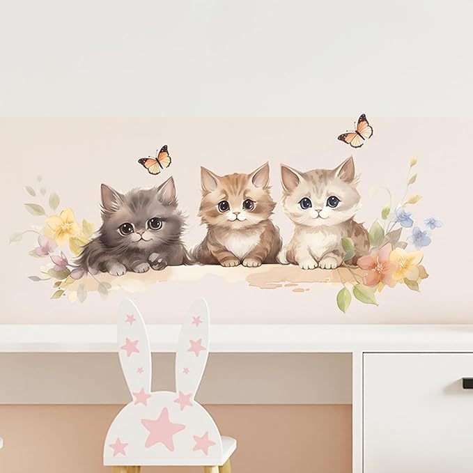 Cute Cat Wall Decals – Watercolor Kitten Wall Stickers with Flowers and Butterflies, Removable Vinyl Wall Art for Bedroom, Living Room, Office, or Home Decoration