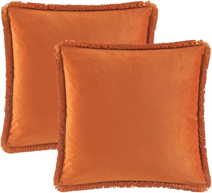 JUSPURBET Pack of 2 Rust Decorative Fringe Velvet Throw Pillow Covers 22x22 for Home Decor Living Room Bedroom Car Boho Soft Cushion Cover with Hidden Zipper Machine Washable