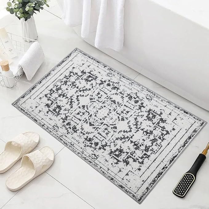 Vintage Runner Rug Non Slip for Hallway Bathroom Kitchen 2x3 ft, Ultra Soft Boho Carpet Runner with Low Pile Design Machine Washable Runner Rugs for Entryway Laundry Living Room (Black)