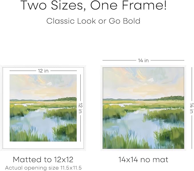 Homeforia 14x14 Picture Frame White, High End Metal 14 x 14 Square Poster Frames with Mat 12 x 12 Photo, 14x14 White Frame Matted to 12x12 Print, 14by14 Thin Frames, Tempered Glass, Wall Kit, Set of 1