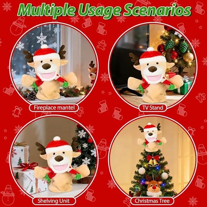 Eyourlife Reindeer Christmas Tree Topper, 11 Inch Plush Stuffed Deer Tree Topper with Red Santa Hat and Scarf, Farmhouse Animal Treetop for Christmas Winter Woodland Holiday Indoor Outdoor Tree Decor