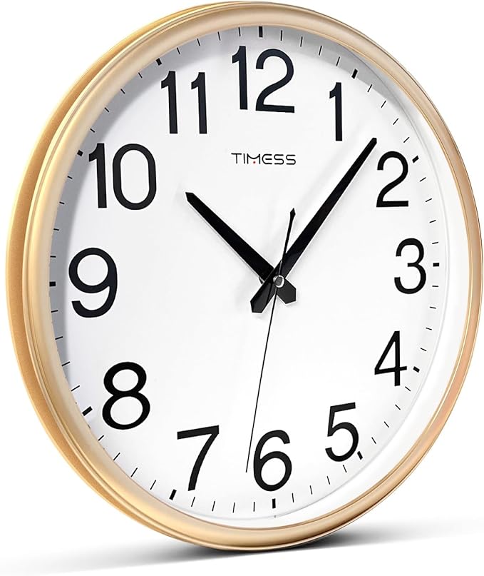 Wall Clock, 11 Inch Large Dial Non-Ticking Silent Battery Operated Quality Analog, Ultra-Quiet Movement Quartz, Timeless Stylish Clock, Ideal Modern Home, Office Décor (Gold)