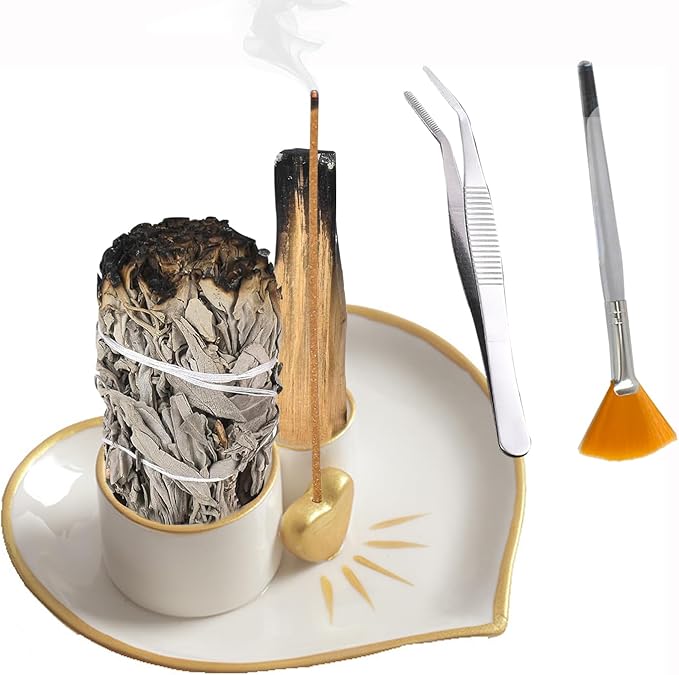 4 in 1 Incense and Candle Holder for Burning Sage, Palo Santo - 5.4" Ceramic Ash Catcher Tray for Meditation Room (Heart-Shaped)