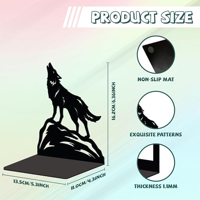 Peacoblue Metal Bookends for Shelves, Modern Decorative Heavy Duty Study Book Support Stoppers for Office, Desk, Shelf, Room 5.3"x4.3"x6.4" Cast Iron Simple Tall Bookends, 1 Pair (Howling Wolf)