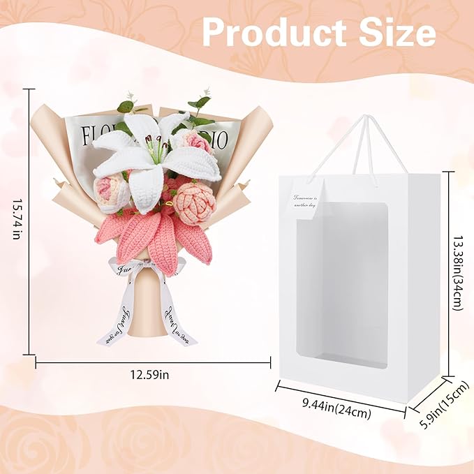 Crochet Flowers Crochet Flower Bouquet with Greeting Card Finished Crocheted Flowers Handmade Roses & Lily Bouquet for Mother's Day Valentines Day Birthday Graduation Gift Home Decor (Sakura Pink)