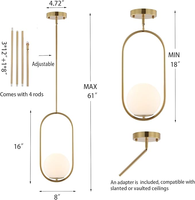 Modern Gold Globe Pendant Light Mid Century Chandelier 1-Light Brushed Brass Ceiling Hanging Lighting Fixture with White Globe Glass Lampshade for Kitchen Island Dining Room Bedroom (2 Pack)