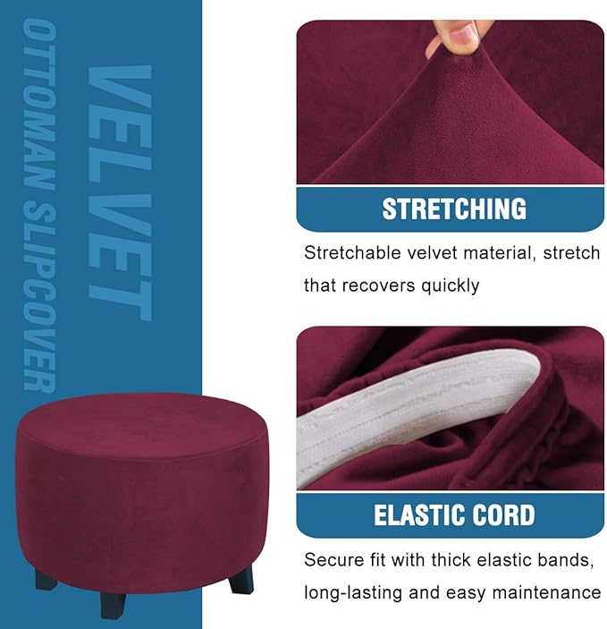H.VERSAILTEX Round Ottoman Slipcover Ottoman Covers Slipcover Footstool Protector Covers Storage Stool Ottoman Covers Stretch with Elastic Bottom, Feature Real Velvet Plush Fabric (Medium, Burgundy)