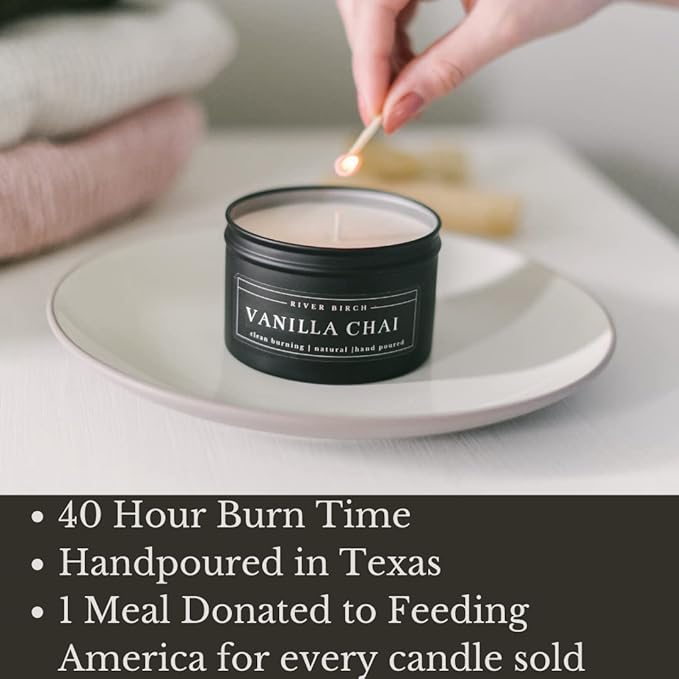 River Birch Candles Vanilla Chai Scented Candle | Premium, All-Natural, Non-Toxic, Soy Candles | 8 oz. Matte Black Tin Travel Candle | Cozy Relaxing Gifts for Home
