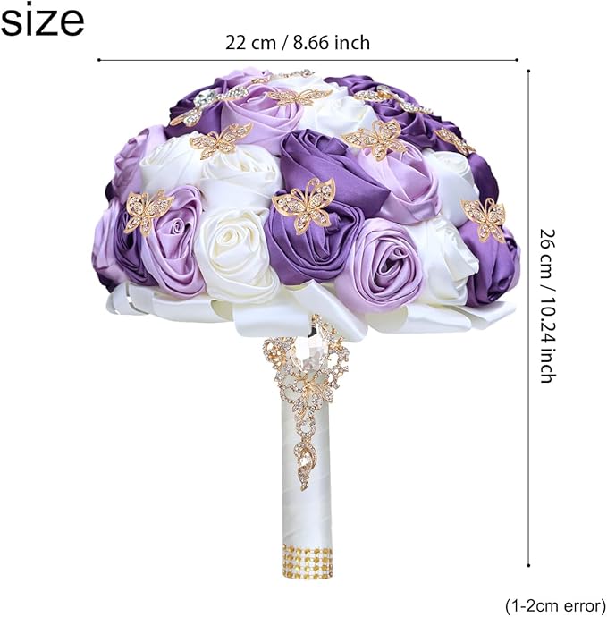 Handmade Floral Satin Rose Butterfly Shape Rhinestone Bridal Bouquet Luxury Golden Rhinestone Artificial Flowers for Wedding