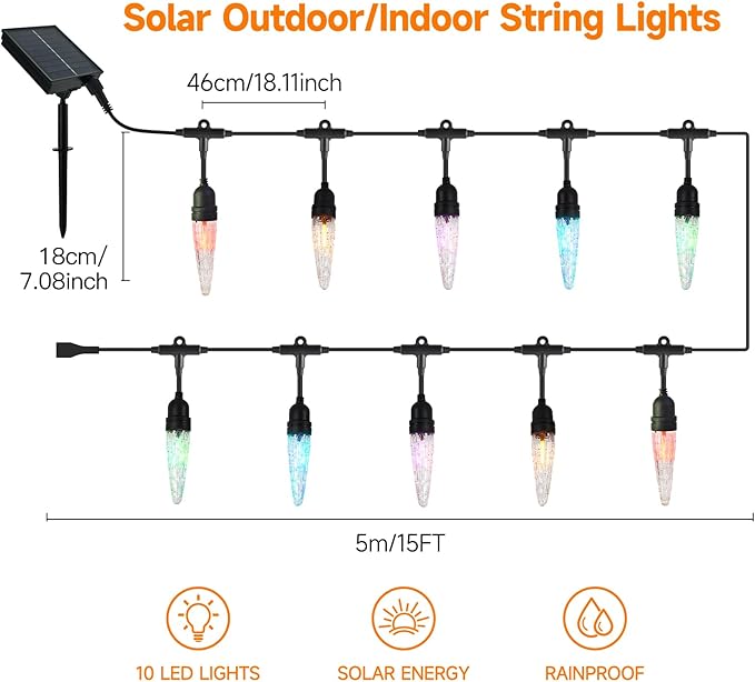 15FT Solar String Lights Waterproof for Outdoor, Patio Lights Solar Powered, LED Shatterproof Bulbs, Multicolor LED, Solar Light for Camping Backyard Garden (Icicle-Multicolor)