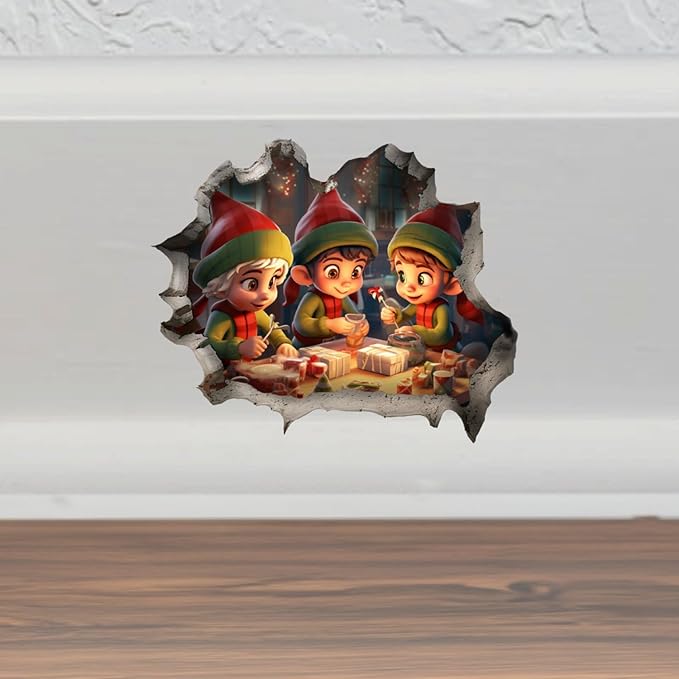 Santa's Elves Hole in Wall Christmas Art Sticker - Funny 3D Prank Peel and Stick Decal - Premium Quality Vinyl Stickers 2-Pack | 5-Inch on Widest Side | Made in USA FHJ1381