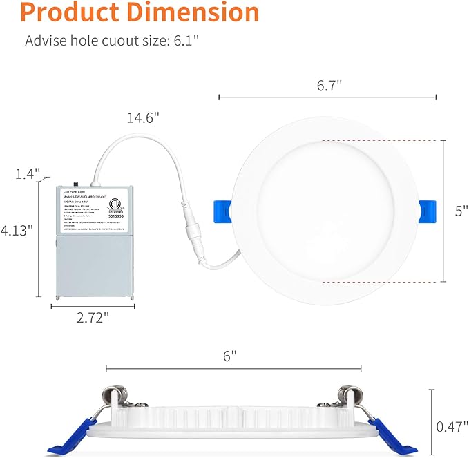 Meconard 4 Pack 6 Inch LED Recessed Ceiling Light, 2700K/3000K/3500K/4000K/5000K Selectable, Dimmable 12W=110W, 1050LM, IC Rated Can-Killer Downlights with Junction Box, ETL and Energy Star Listed
