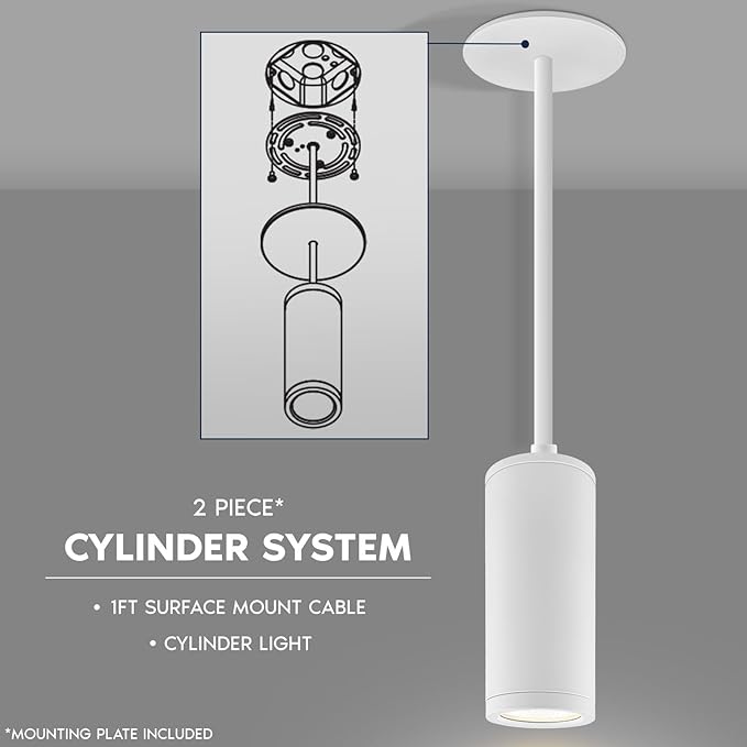 LUXRITE 2.5-Inch LED Cylinder Pendant Light with 1FT Surface Mount Cable, 5CCT 2700K-5000K Selectable, CRI90, 1100LM, 15W, TRIAC/0-10V Dimmable, Universal Voltage 120V-277V, IC Rated ETL, White Finish