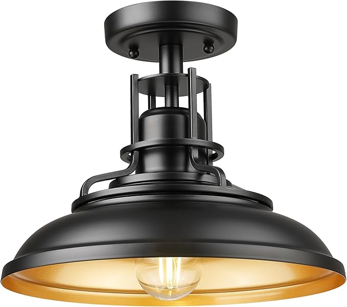 FEMILA Industrial Semi Flush Mount Ceiling Light, Outdoor Flush Mount Porch Light in Matte Black & Gold, 12" Farmhouse Front Porch Ceiling Lighting Fixture for Entryway, Hallway, Kitchen, 4FY15-F BK-1