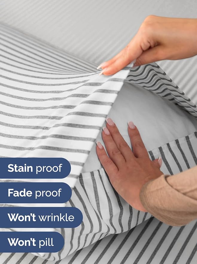 Extra Deep Split King Sheet Set - 7 Piece Breathable & Cooling Sheets - Hotel Luxury Bed Sheets Set - Easy Fit - Soft, Wrinkle Free & Comfy Sheets Set - Grey Striped Sheet Set w/Extra Deep Pockets