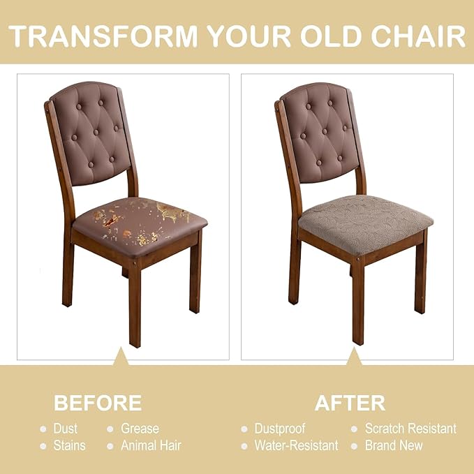 Waterproof Chair Seat Cover for Dining Room-Stretchy Washable Chair Seat Covers Set of 4-Kitchen Chair Seat Slipcovers Protector for Home Restaurant Banquet (Taupe,Large)