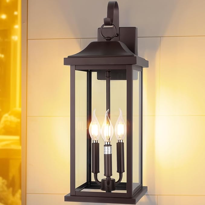 3-Light Extra Large 23” Outdoor Light for House Oil Rubbed Bronze, IP65 Waterproof Brown Exterior Light Fixture with Clear Tempered Glass Outside Wall Mounted Lamp Front Porch Light, E12