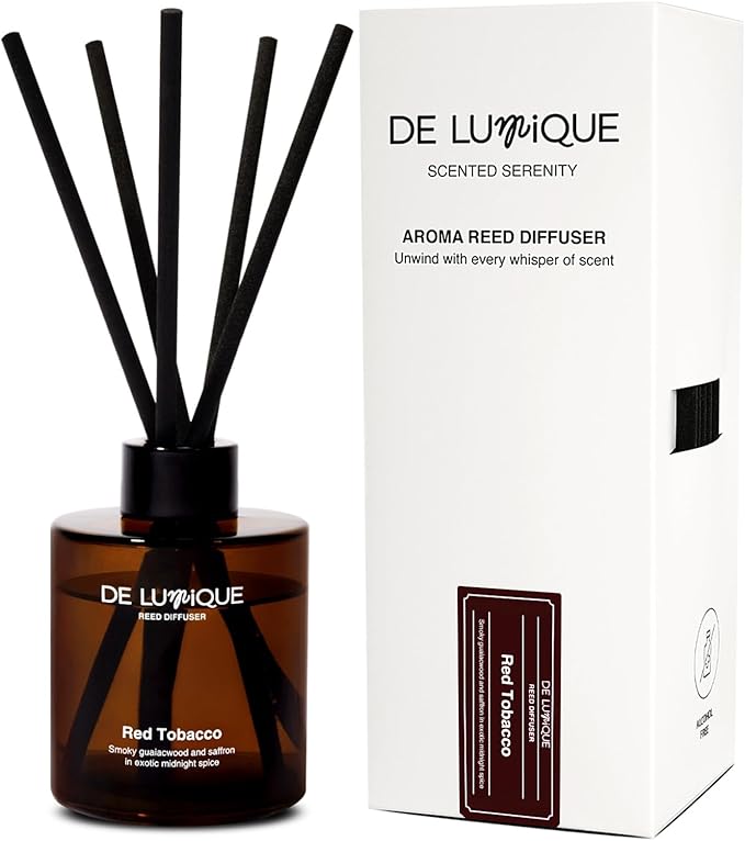 Red Tobacco Reed Diffuser – Aromatherapy Diffuser with Guaiacwood, Saffron, Sandalwood & Chamomile, Long Lasting Home Fragrance – 150ml