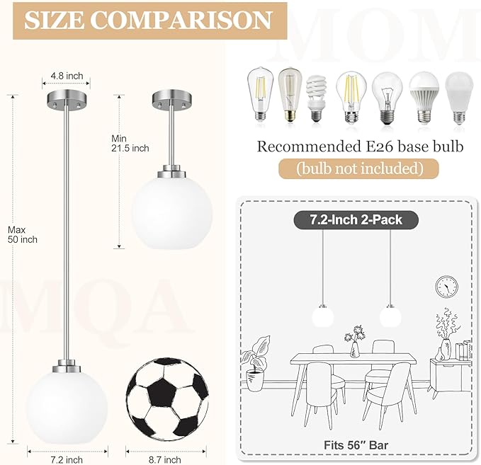 2 Pack 7.2-Inch Globe Pendant Lights, Mid Century Brushed Nickel Pendant Light Fixtures, Globe Pendant Lights Kitchen Island with Milk Glass Shade Hanging Fixture for Dining Room Bulbs not Included