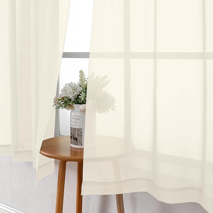 Lecloud Cream Sheer Curtains 54 Inch Length 2 Panels, Voile Airy Curtains for Bedroom Windows, Light Filtering Elegant Tulle Window Treatments with Dual Rod Pocket, Each Panel 42 X 54 Inch
