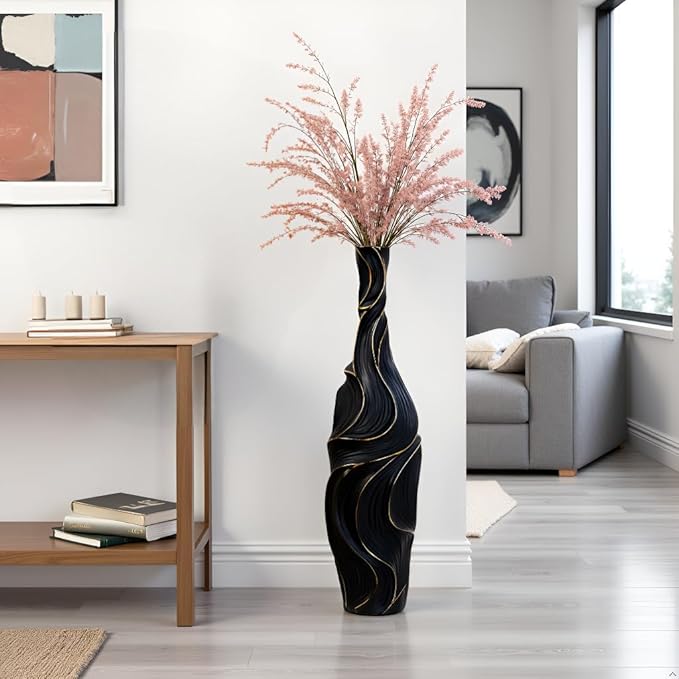 Floor Vase Handmade Resin - 22.83" Tall Brown Vases with Gold Wave Patterns, 6.29" Wide Decorative Tall Floor Vase for Home Decor, Farmhouse & Modern Interior Design