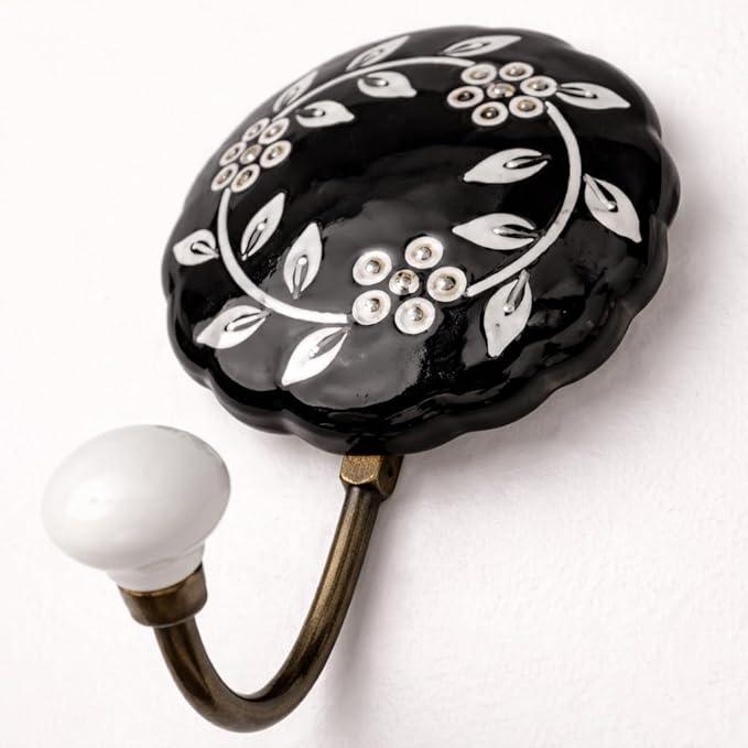 Ceramic Wall Hooks, Black with White Floral Pattern, 2-Pack Decorative Coat Hangers, 8 lb Capacity (4, Black)