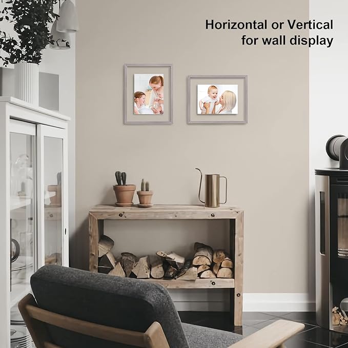 Egofine 8x10 Floating Frames Set of 2, Double Plexiglass Picture Frame, Made of Solid Wood Display Any Size Photo up to 8x10, Wall Mount or Tabletop Standing, Light Grey