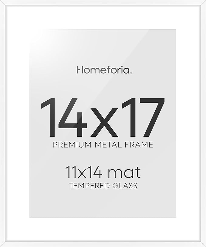 Homeforia 14x17 Picture Frame White, High End Metal 14 x 17 Poster Frames with Mat 11 x 14 for Photo, 14x17 White Frame Matted to 11x14 inch Print, 17x14 Thin Frame, Tempered Glass, Wall Kit, Set of 1