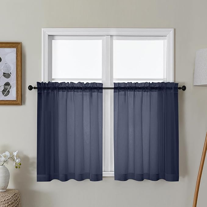 Gwine Navy Blue Sheer Curtains 30 Inch Length, Short Light Filtering Voile Small Cafe Kitchen Curtains with Rod Pocket, Short Curtain for Bathroom Window, 42x30 Inch, 2PCS
